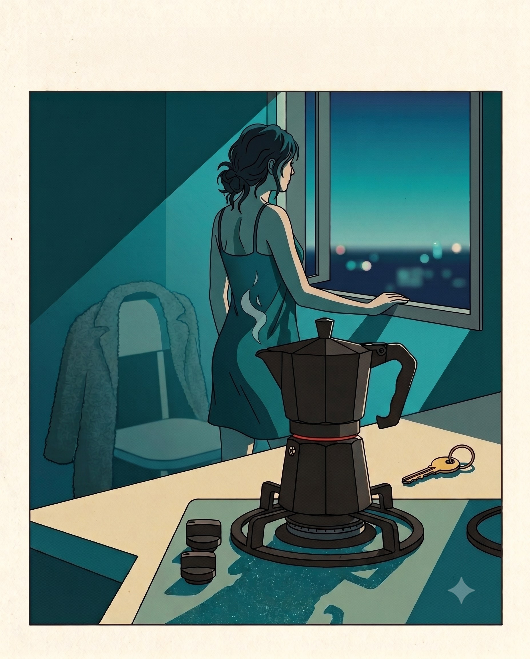 Dawn window, moka pot on the hob