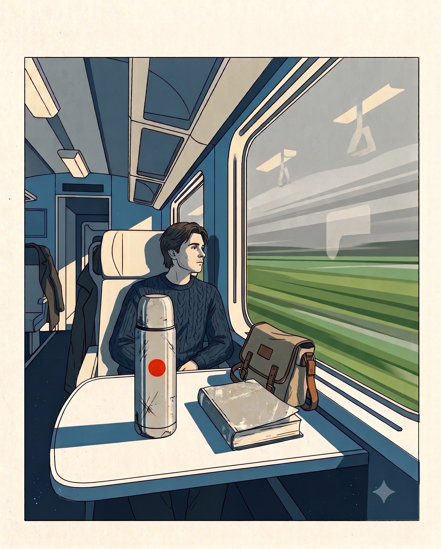 Man on train with a steel thermos