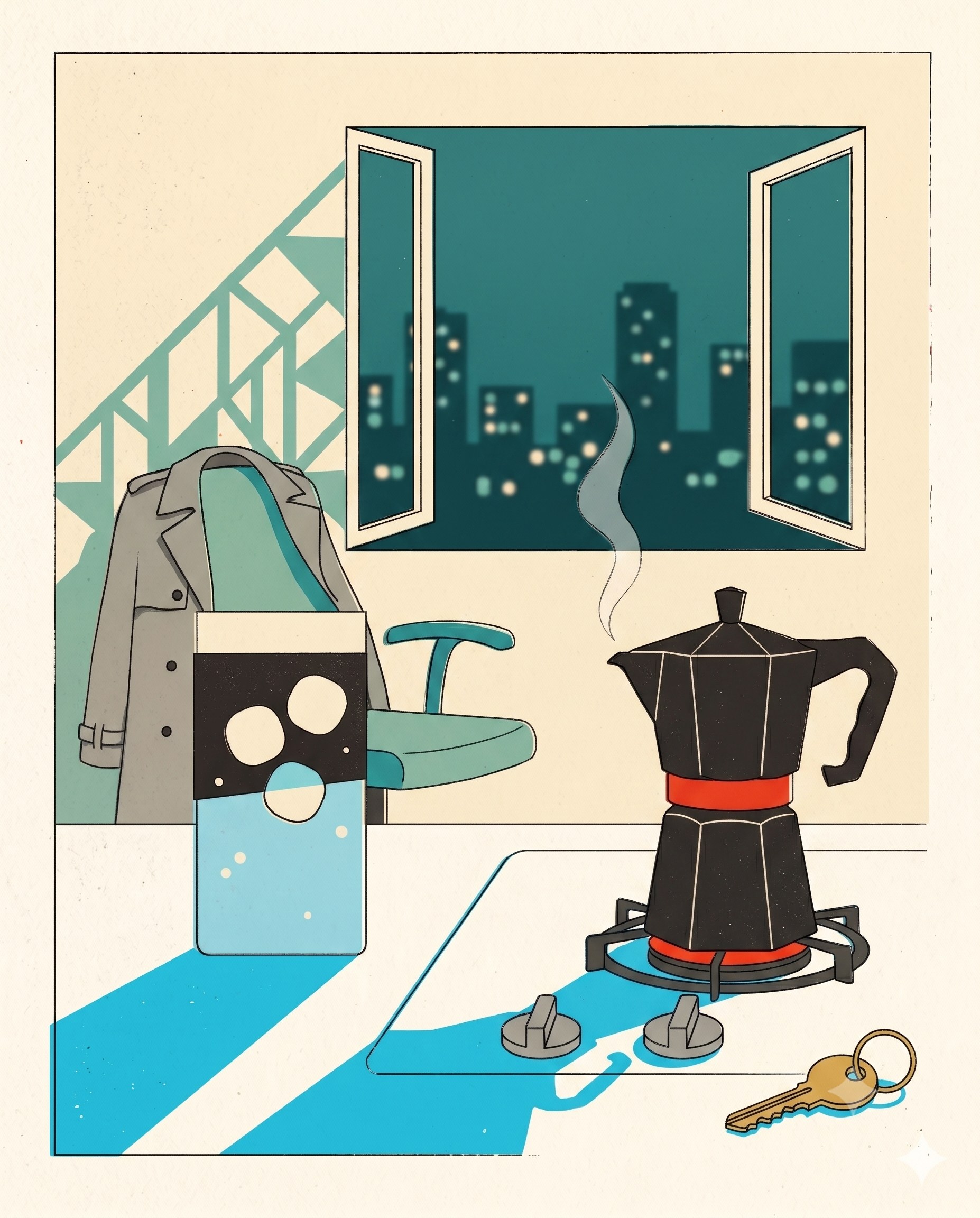 A moka pot on a hob with a red ring, open window onto a city skyline at night, a coat over a chair.