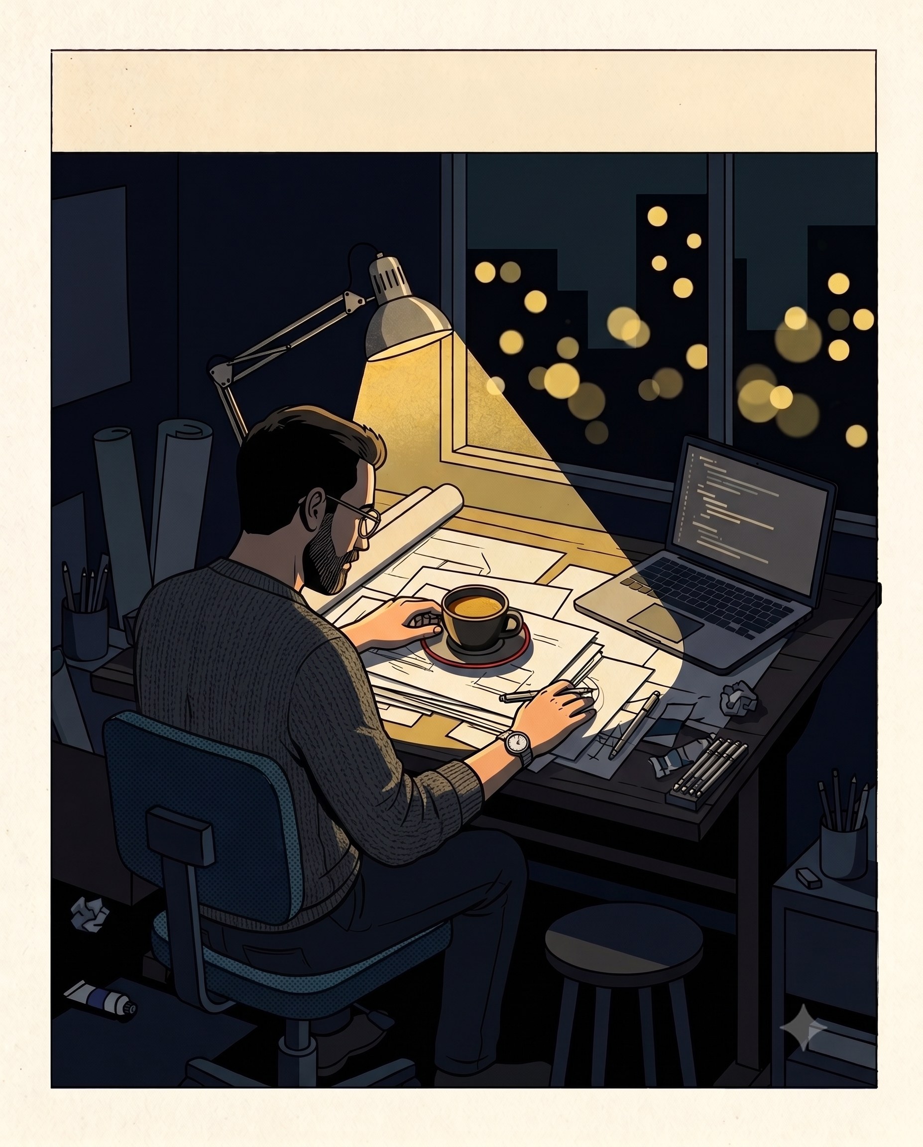 Man at a drafting desk, espresso on blueprints